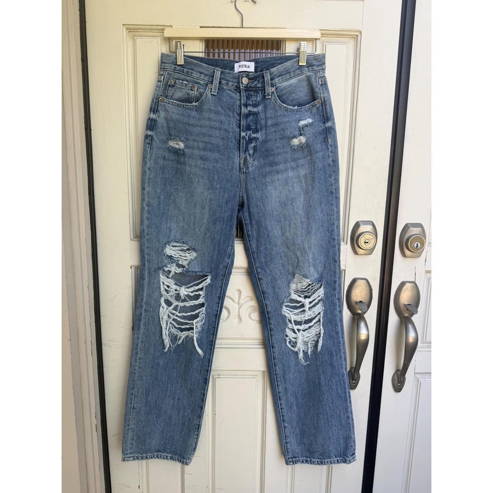 Pistola High‎ Rise Straight Leg Distressed Jeans Blue Button Fly Size 28